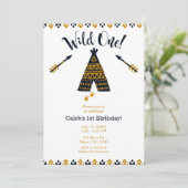 Wild One 1st Birthday Blue & Gold Tepee Party Kaart (Staand voorkant)