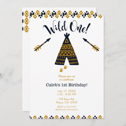 Wild One 1st Birthday Blue & Gold Tepee Party Kaart (Voorkant / Achterkant)