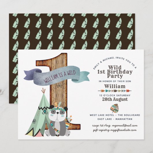 Wild One 1st Birthday Invitation Tribal Panda TeeP (Devant / Derrière)