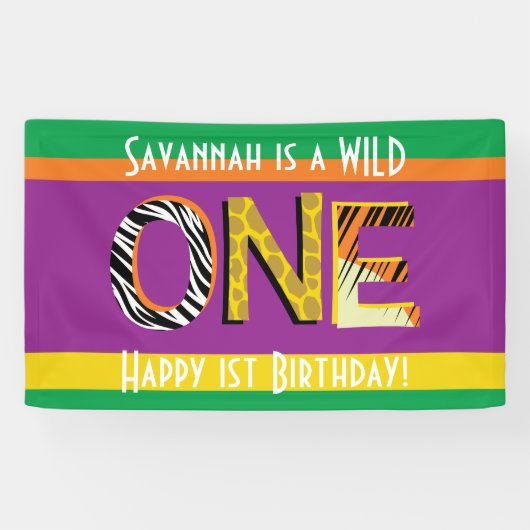 Wild One 1st Birthday Party Safari Spandoek (Horizontaal)