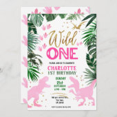 Wild One 1st Birthday roze dinosaurus uitnodiging (Voorkant / Achterkant)