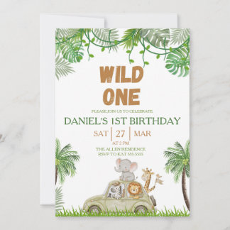 Wild One 1st Birthday Safari Jungle Invitation Kaart