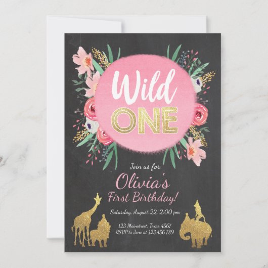 Wild One Animals Invitation Anniversaire Floral Go (Devant)