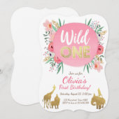 Wild One Animals Verjaardag Uitnodiging Floral Gol (Voorkant / Achterkant)