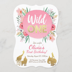 Wild One Animals Verjaardag Uitnodiging Floral Gol