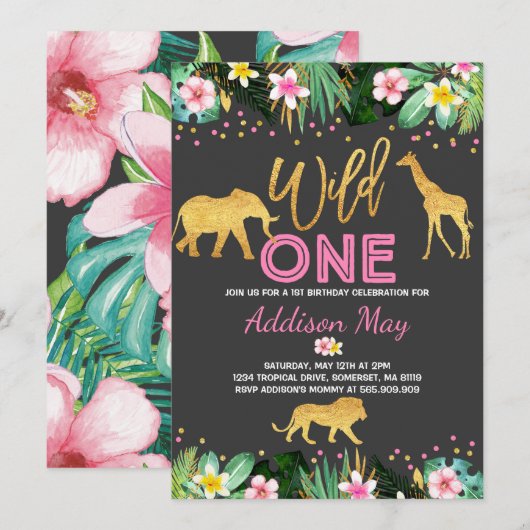 Wild One Anniversaire Invitation Jungle Animaux Pa (Devant / Derrière)