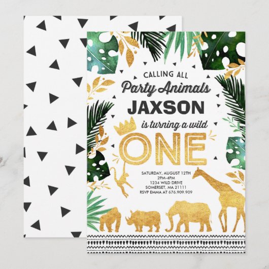 Wild One Anniversaire Invitation Jungle Animaux Pa (Devant / Derrière)