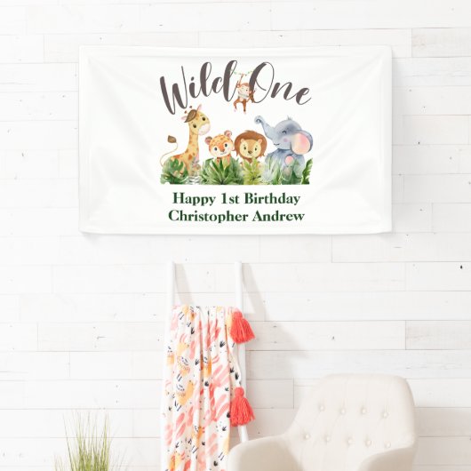 Wild One Baby Animals Oerwoud Safari 1ste verjaard Spandoek (Insitu)