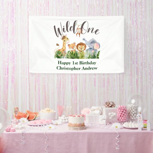 Wild One Baby Animals Oerwoud Safari 1ste verjaard Spandoek (Feest)