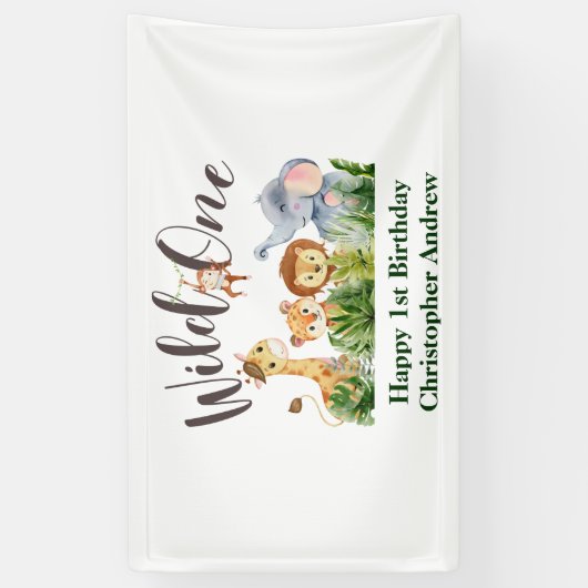 Wild One Baby Animals Oerwoud Safari 1ste verjaard Spandoek (Verticaal)