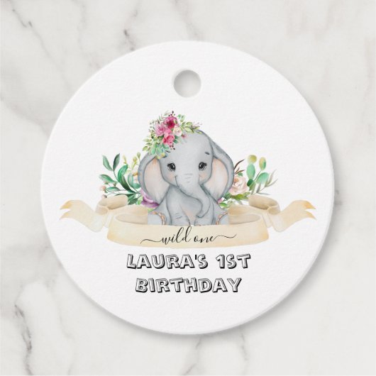 Wild One - Baby Elephant and Flowers 1st Birthday Bedankjes Labels (Voorkant)