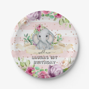 Wild One - Baby Elephant and Flowers 1ste verjaard Papieren Bordje