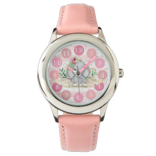 Wild One - Baby Elephant and Flowers Cute Girl Horloge