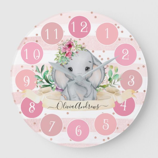 Wild One - Baby Elephant and Flowers Large Horloge (Recto)