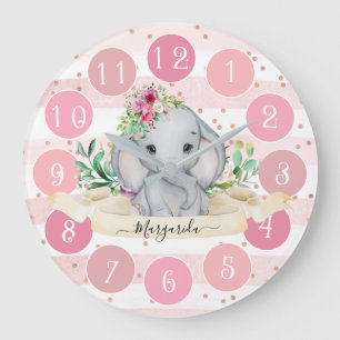 Wild One - Baby Elephant and Flowers Large Horloge