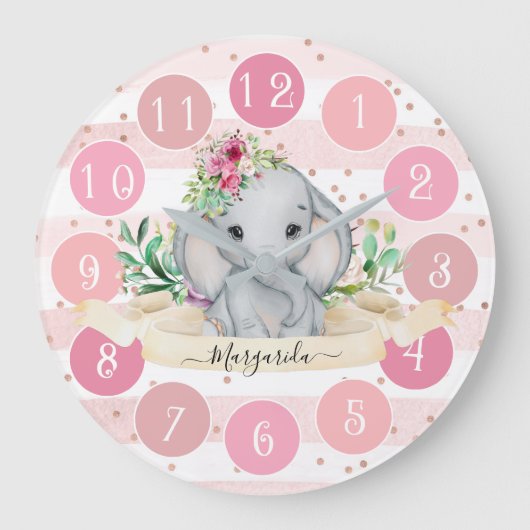 Wild One - Baby Elephant and Flowers Large Horloge (Recto)