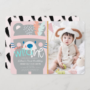 Wild One Beer Feather Girl Pink Foto 1e verjaardag Kaart