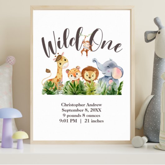 Wild One Birth Stats Jungle Safari Animaux Poster