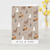 Wild One Birthday Forest Animals Pattern Brown Kaart (Gele Bloem)