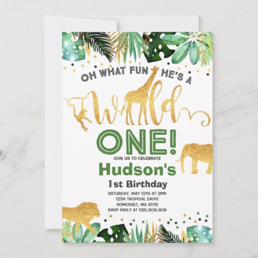 Wild One Birthday Invitation Oerwoud Animals Party Kaart (Voorkant)