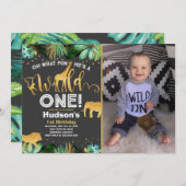 Wild One Birthday Invitation Oerwoud Animals Party Kaart (Voorkant / Achterkant)