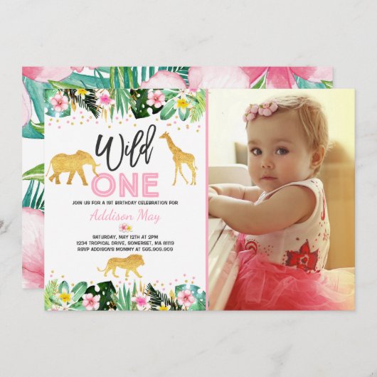 Wild One Birthday Invitation Oerwoud Animals Party Kaart (Voorkant / Achterkant)