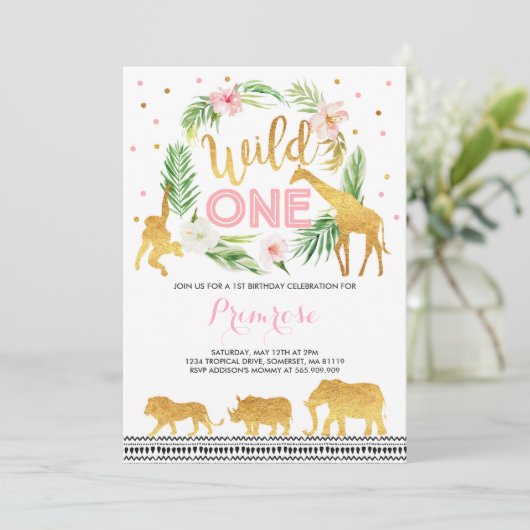Wild One Birthday Invitation Oerwoud Animals Party Kaart (Staand voorkant)