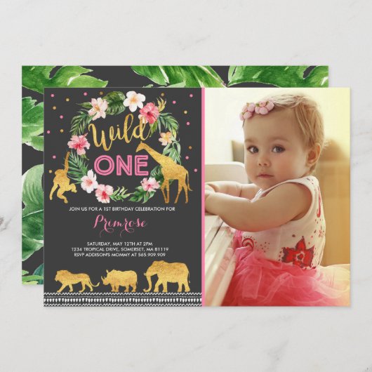 Wild One Birthday Invitation Oerwoud Animals Party Kaart (Voorkant / Achterkant)