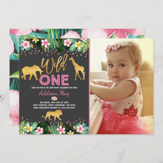 Wild One Birthday Invitation Oerwoud Animals Party Kaart (Voorkant / Achterkant)