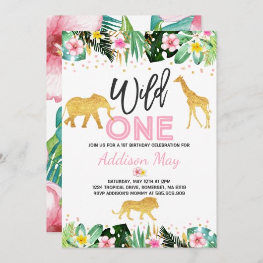 Wild One Birthday Invitation Oerwoud Animals Party Kaart (Voorkant / Achterkant)