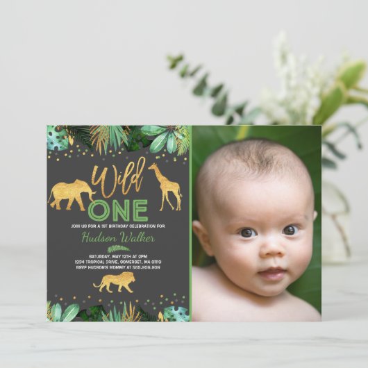 Wild One Birthday Invitation Oerwoud Animals Party Kaart (Staand voorkant)