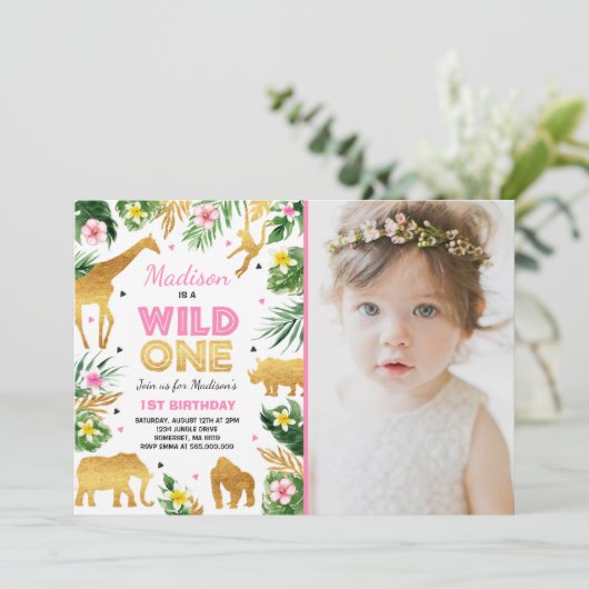 Wild One Birthday Invitation Safari Animals Party Kaart (Staand voorkant)