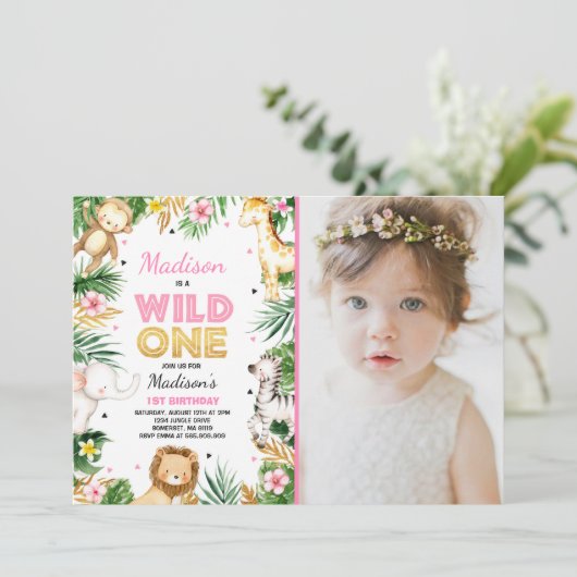 Wild One Birthday Invitation Safari Animals Party Kaart (Staand voorkant)