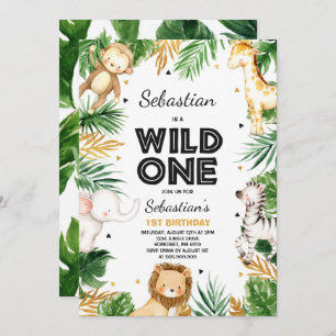 Wild One Birthday Invitation Safari Animals Party Kaart