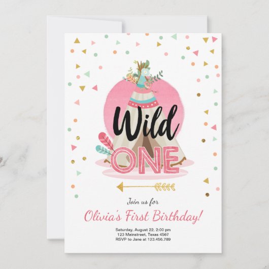 Wild One Birthday Invitation Teepee Boho Girl Wood Kaart (Voorkant)