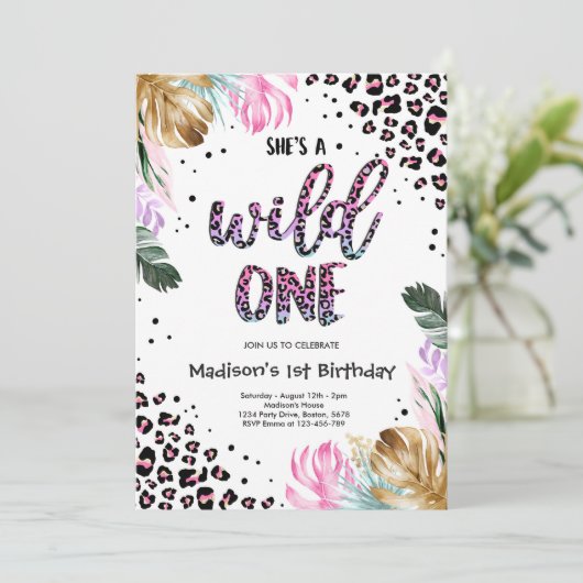 Wild One Birthday Leopard Print Wild Oerwoud Party Kaart (Staand voorkant)