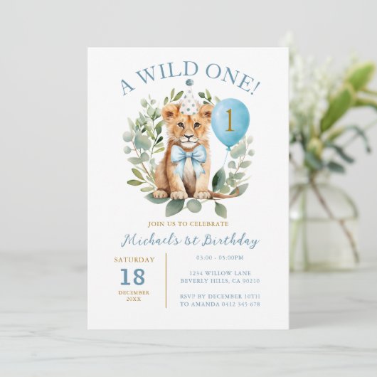Wild One Birthday Lion Boy Birthday Bloemenboog st Kaart (Staand voorkant)