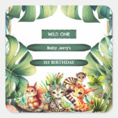 Wild One Birthday Oerwoud Safari Tropisch groen Vierkante Sticker (Voorkant)