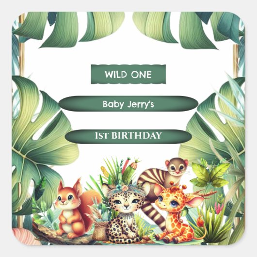 Wild One Birthday Oerwoud Safari Tropisch groen Vierkante Sticker (Voorkant)
