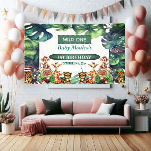 Wild One Birthday Oerwoud Safari Tropische bladere Spandoek
