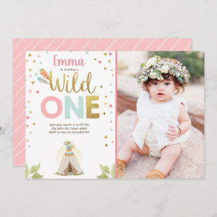 Wild One Birthday Teepee Boho Tribal Pink Girl Kaart