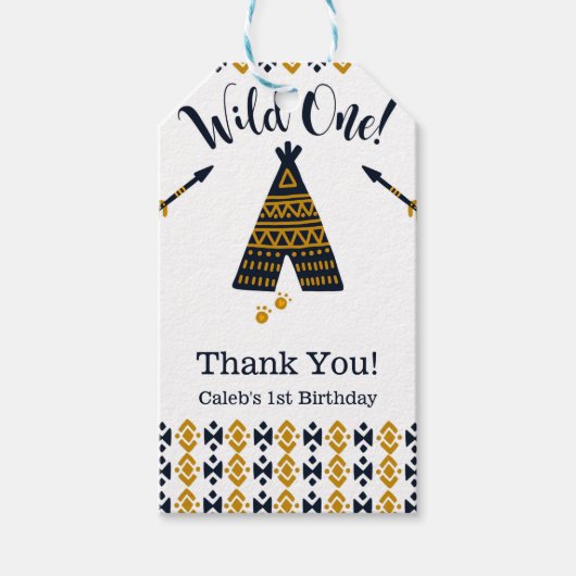 Wild One Blauw Goud Tepee 1e Verjaardagsfeest Cadeaulabel (Voorkant)