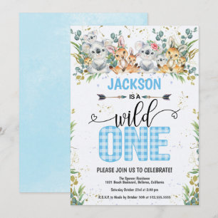 Wild One Blue Gingham Safari 1ste verjaardag Kaart