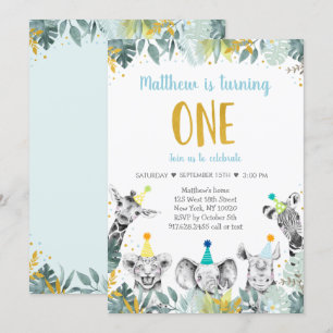 Wild One Blue Gold Party Animal Birthday Invitatio Kaart