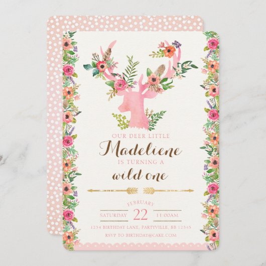 Wild One Boho Antler Birthday Uitnodiging (Voorkant / Achterkant)