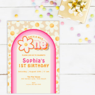 Wild One Boho Daisy Regenboog 1e verjaardag uitnod Kaart