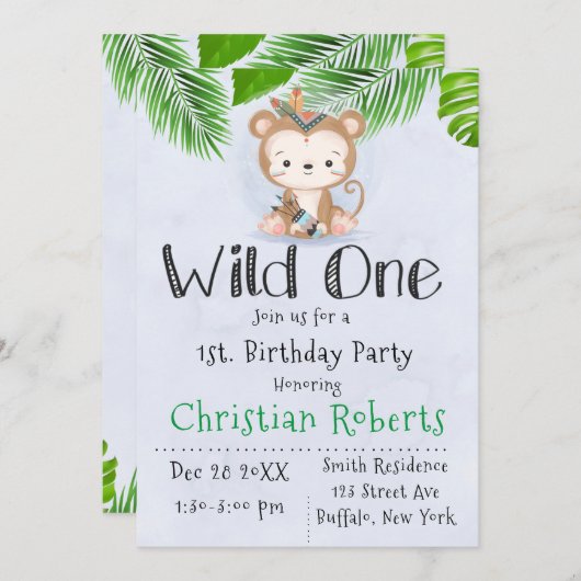 Wild One Boho Monkey Birthday Party Kaart (Voorkant / Achterkant)