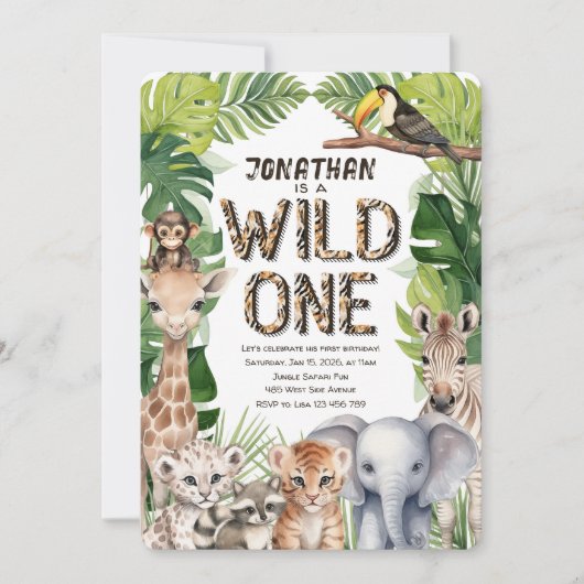 Wild one boy 1st birthday oerwoud safari thema kaart (Voorkant)