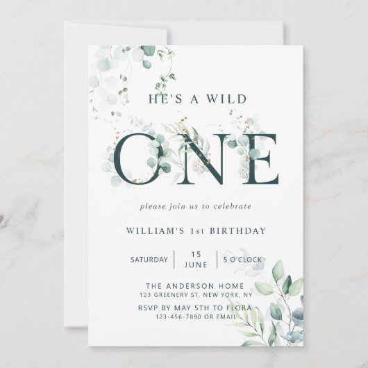 Wild One Boy Botanical First Birthday Invitation (Devant)