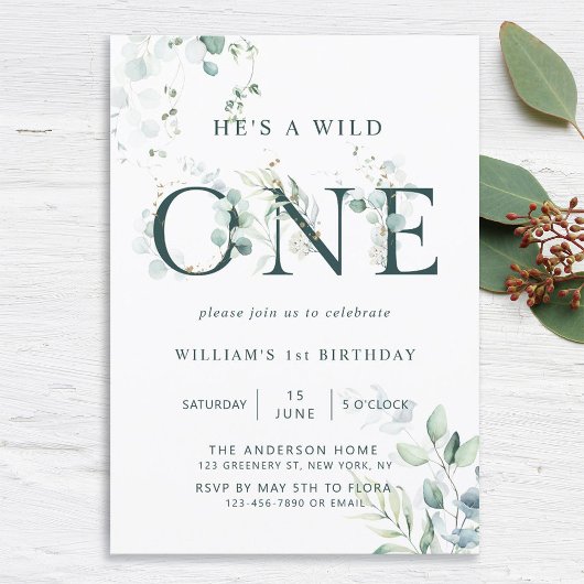 Wild One Boy Botanical First Birthday Invitation